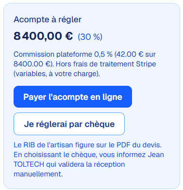 Paiement de l'acompte en ligne après signature du devis