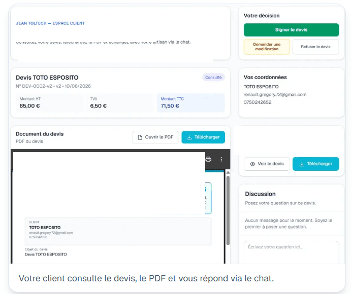 Espace client — consultation du devis, PDF et actions signer / modifier