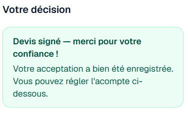 Espace client après signature — confirmation et prochaine étape acompte
