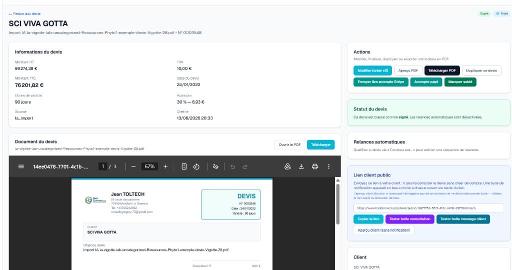 Fiche devis avec PDF, relances et lien client public