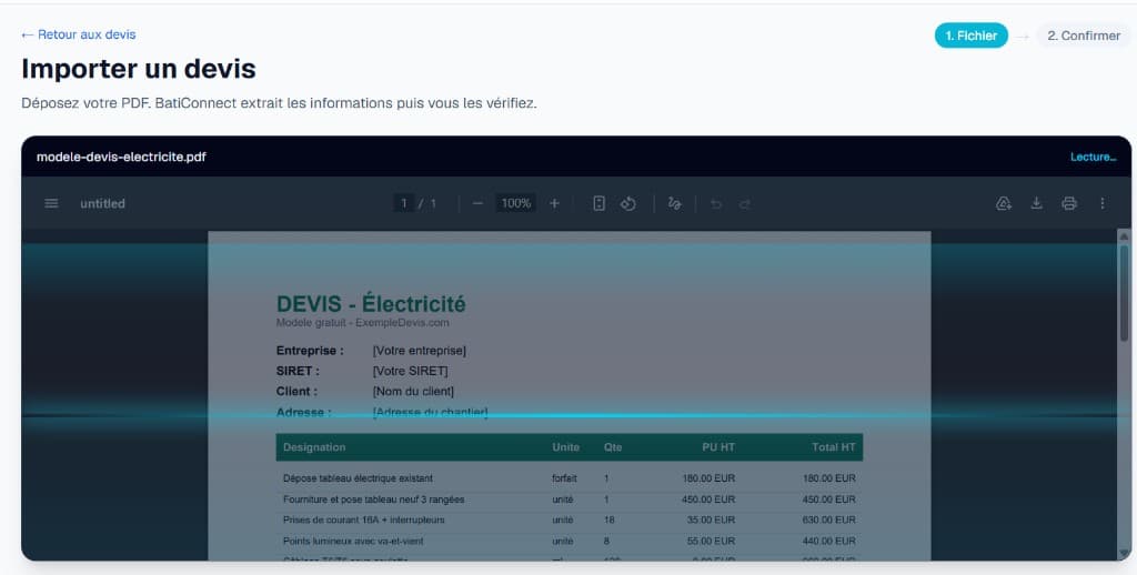 Import PDF avec analyse IA et aperçu du document