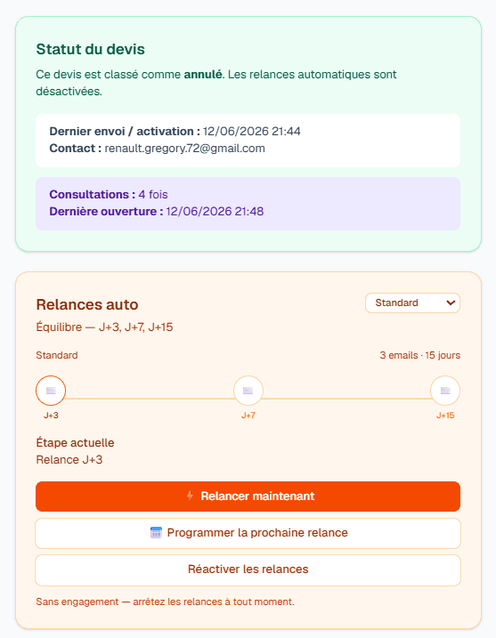 Séquence de relances automatiques J+3, J+7, J+15